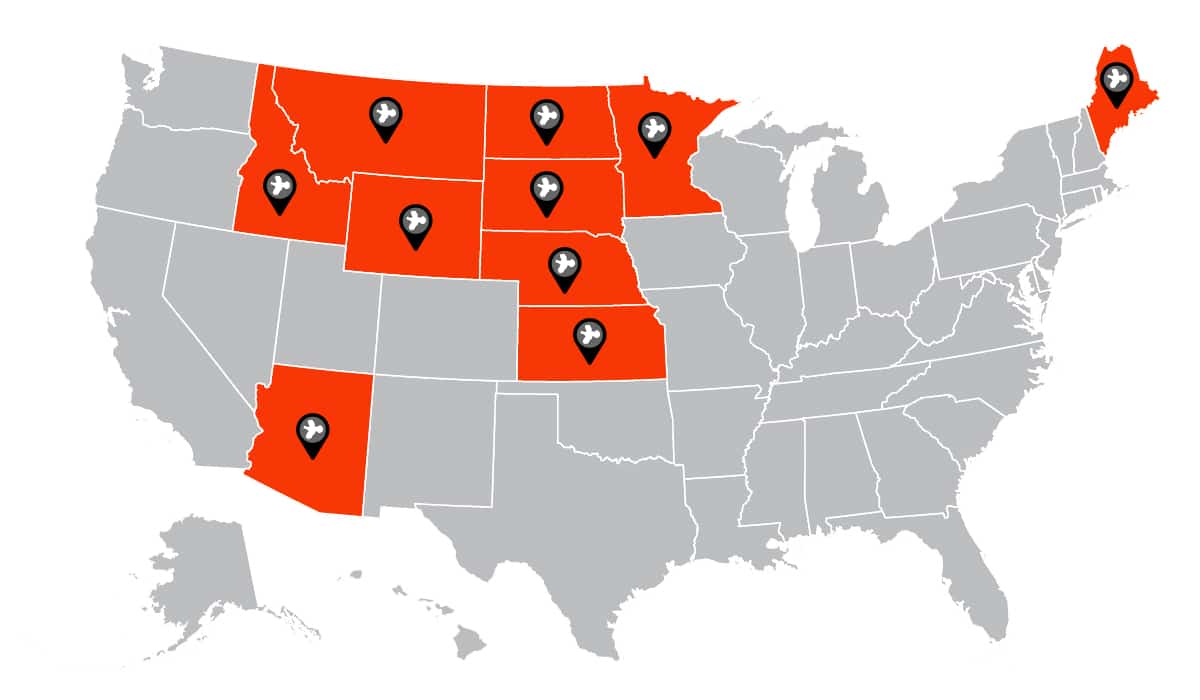 Map of the U.S. with good upland bird hunting states highlighted in orange.